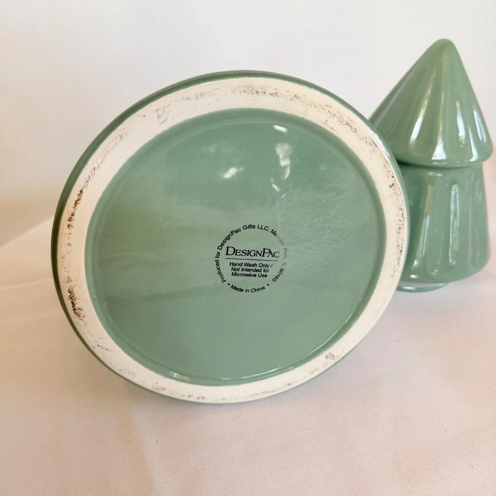 DesignPac Sage Green Ceramic Christmas Tree Cookie Jar Canister Holiday Decor